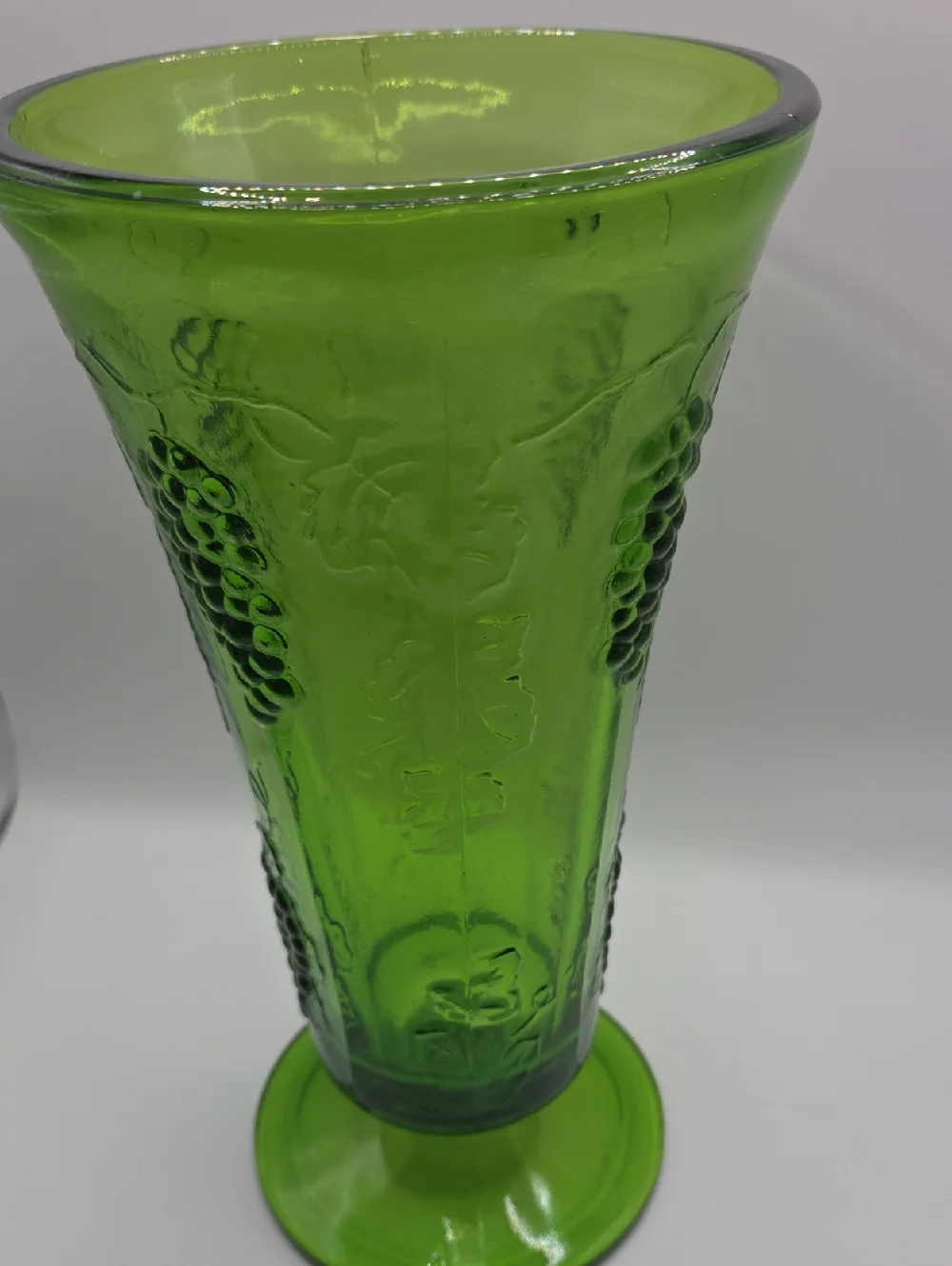 Indiana Glass Green Pressed Glass Pedestal Vase Green with Grape Motif